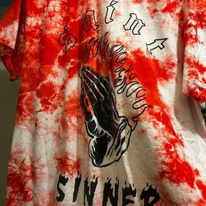 Red T-shirt with saint and sinner